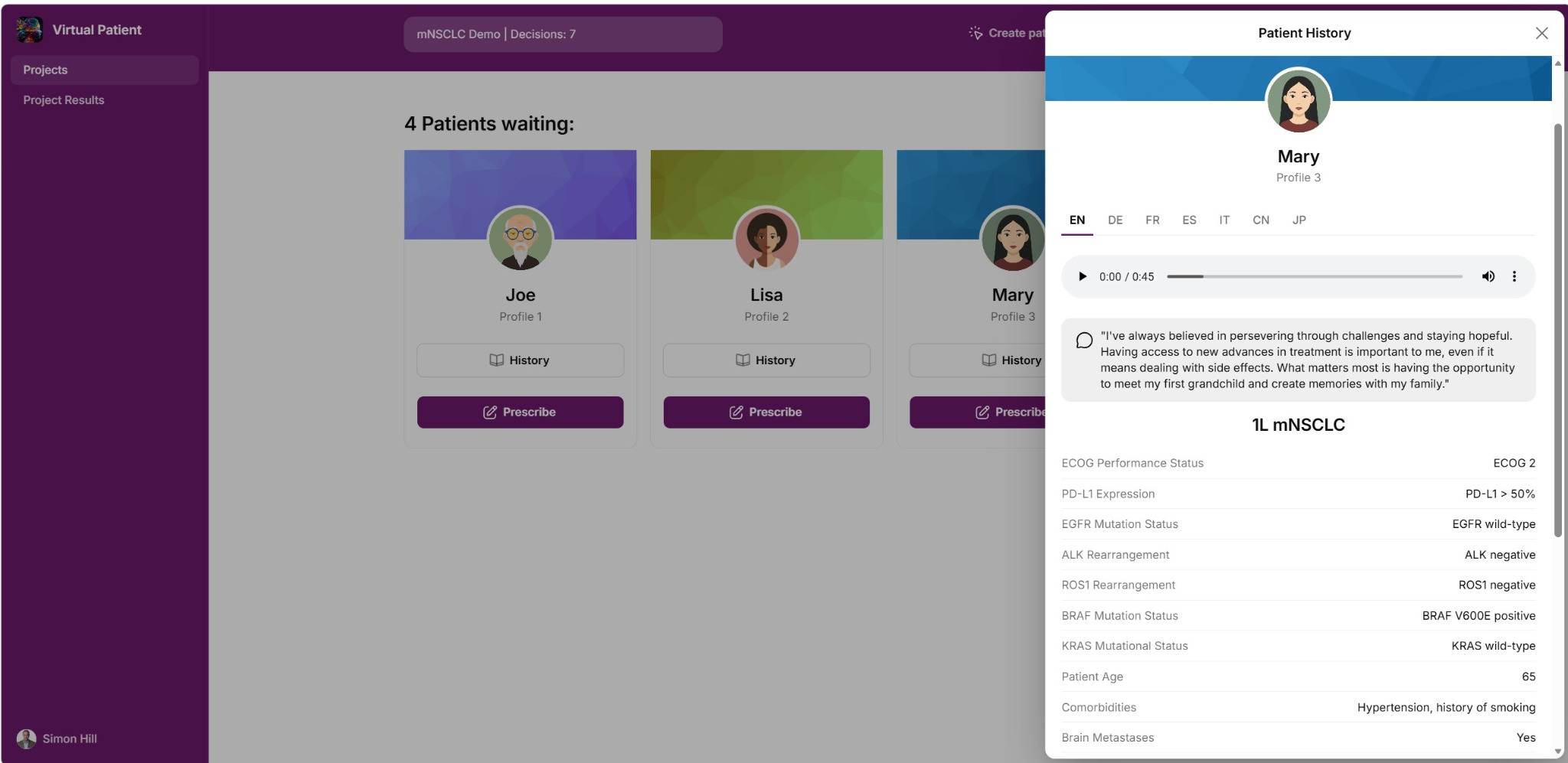 Virtual Patient case history showing clinical characteristics and the patient’s personal priorities